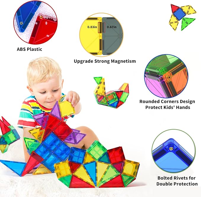 MAGBLOCK 66PCS Magnetic Tiles Building Blocks Construction Toys for Kids 3+ | Colorful Magnetic Blocks, Upgraded Magnet Tiles, STEM Montessori Sensory Toys for Learning Toys for Boys and Girls