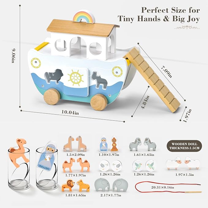 Wooden Noah’s Ark Toy with Book, Baptism Gifts for Boys and Girls | Montessori Toys for 1 Year Old with sorting and pull-along; Christian Baby Toys for Toddlers 1-3; Christmas Birthday Gifts.