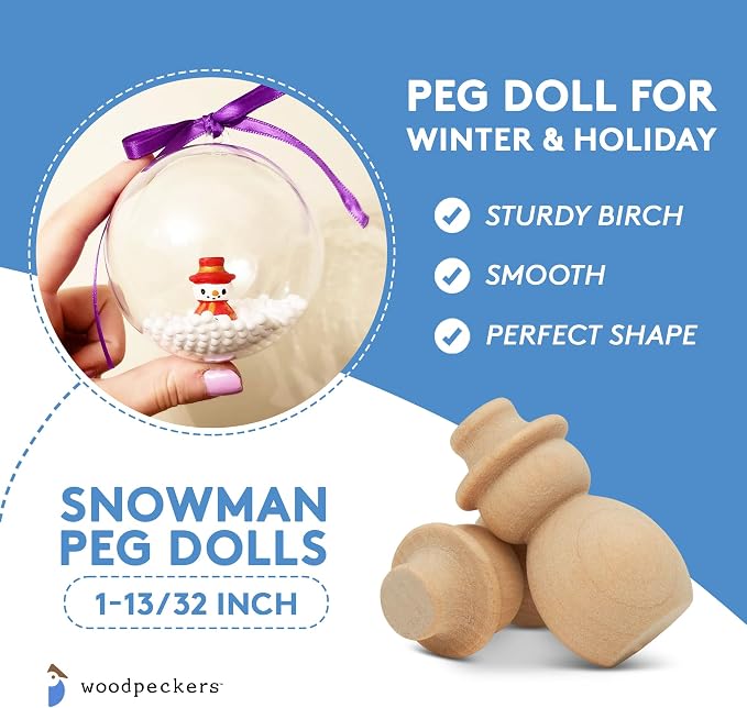 Snowman Peg Dolls 1 13/32 inch, Pack of 50 Wooden Peg Dolls for Christmas Crafts, Nativity Scenes, Holiday Decorations, by Woodpeckers