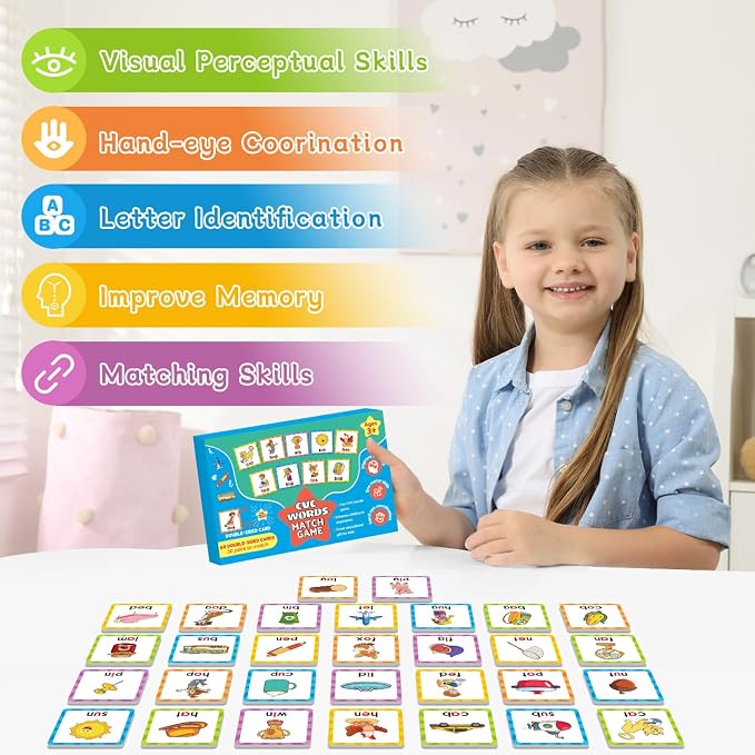 CVC Word Games Kindergarten, Memory Games for Kids Ages 4-8 & Matching Game | for Toddlers 3-5, 60 PCS Phonics Games Flash Cards, Educational Toys Homeschool Bakc to School Supplies for Boys and Girls