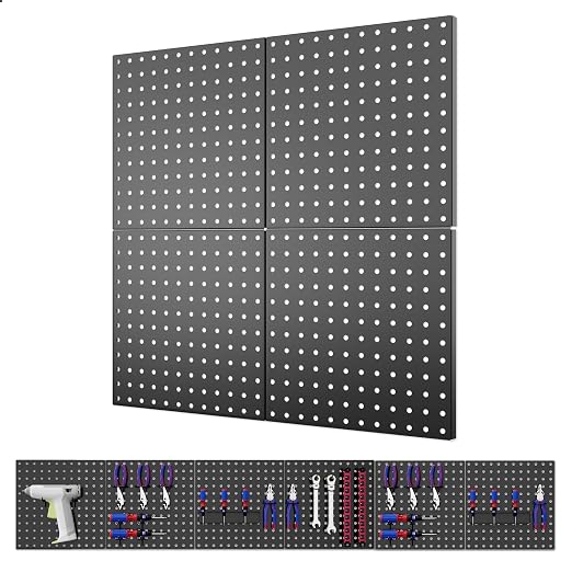 ValueMax 4 Pack Metal Pegboard Panels, 12"x12" Wall Tool Organizer | Heavy Duty Steel, Modular Storage, Garage Workbench, Tool Hooks, Kitchen Organization, Craft Room, DIY Workspace Setup
