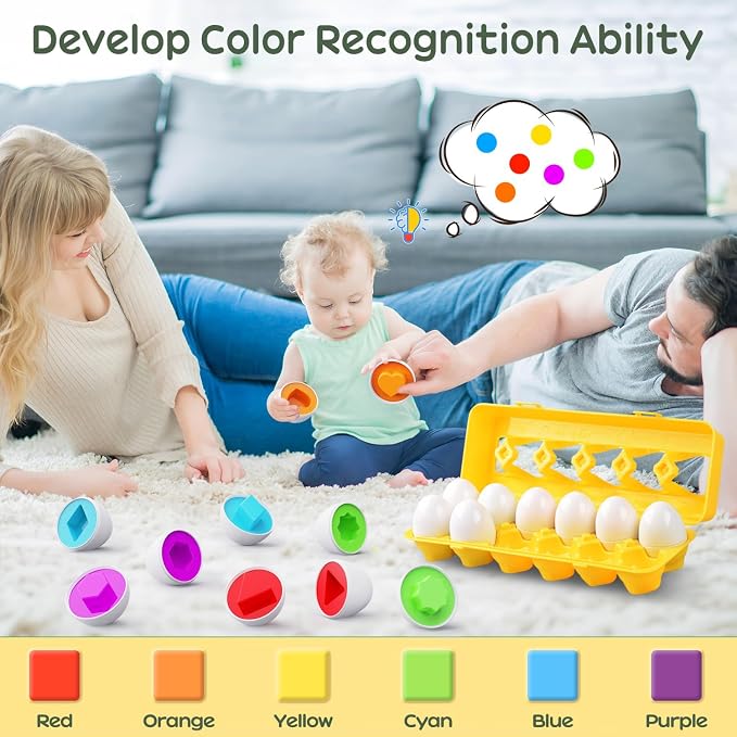 Matching Egg Toy 12 Pcs Develops Toddlers' Color & Shape Recognition Skills | Easter Basket Gift for Boys & Girls, Montessori Travel Toy for Kids 1-3, Fun Sorting Puzzle for Daily Early Education