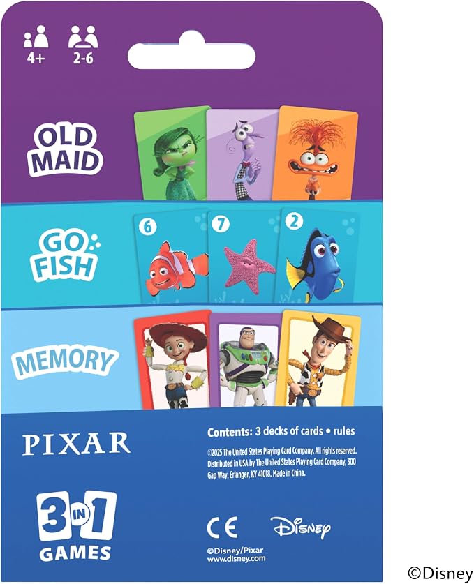 Bicycle Disney Pixar 3-in-1 Card Games Old Maid Go Fish Memory Kids Ages 4 | 3 games in 1 set Old Maid Go Fish and Memory, Toy Story Finding Nemo and Inside Out characters, Ages 4 and up