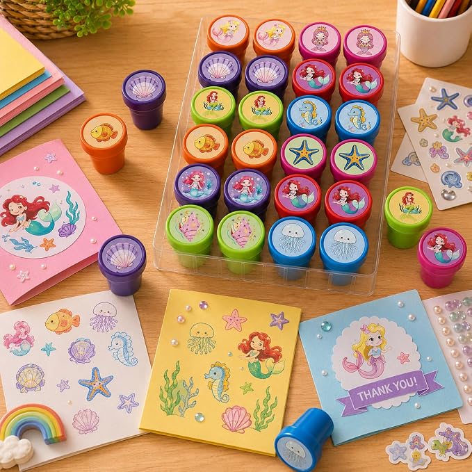 Cinrobiye 24 Pcs Mermaid Stampers Party Favor Set, Cute Under the Sea Stamps for Kids Birthday Party, Classroom Rewards, Carnival Prizes, Goody Bag Fillers, Mermaid Themed Party Supplies