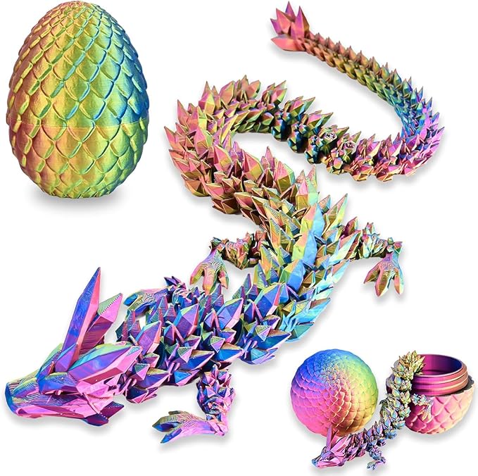 12" 3D Printed Dragon Eggs with Dragon, Articulated 3D Fidget Toys for Kids | Crystal 3D Dragon Toys for Boys Girls, 3d Printed Animals, Dino Dinosaur Eggs Toys, Easter Basket Stuffers（Red Yellow Blue）