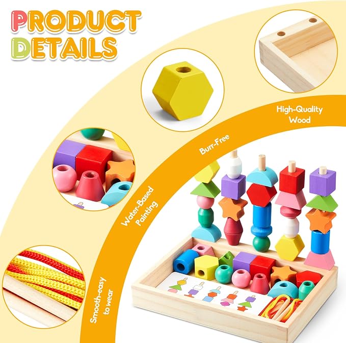Montessori Wooden Toys, Lacing Beads & Stacking Block & Matching Shape Stacker, Montessori Wooden Beads Sequencing Toy Set, STEM Preschool Learning Toy Birthday Gift for 2 3 4 Year Old Toddler Gifts