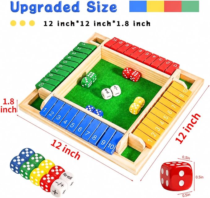 Shut The Box Dice Game 12 Inch Upgraded 2-4 Player Wooden Dice Game Math Addition Games Close The Box Family Wooden Dice Board Game for Kids Adults, Tabletop Version for Classroom, Home, Party or Bar