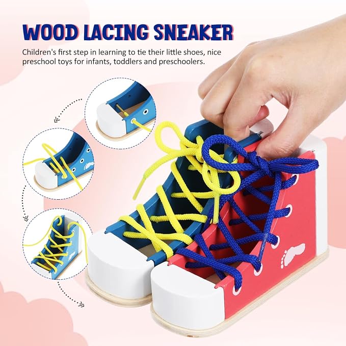 STOBOK 2pcs Learn to Tie Shoes for Kids with Wooden Lacing Sneaker Toy | Tie-Up Shoe Practice Kit Threading Montessori Educational Toys (Blue + Pink)