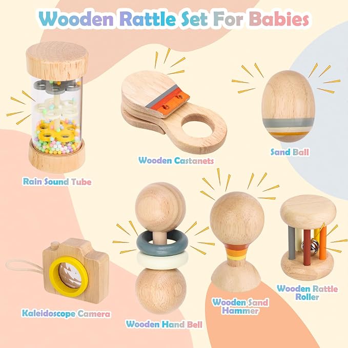 Montessori Wooden Baby Toys 0-12 Months, 7-Piece Sensory Rattle & Music Set | Rain Sound Tube and Rattle Roller for grasping, shaking, rolling, sound discovery and visual exploration with Storage Bag