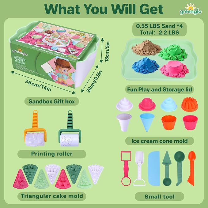 greenglo Kids Sensory Sand Playset - 2.2 LBS Colored Sand (1* Soft Magic, 3* Firm Modeling) with 23 Cake & Dessert Molds w Sensory Bin, Educational Sand Kit for Toddlers & Kids Ages 3-8