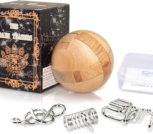 KINGOU Wooden Sphere Puzzle Brain Teaser Toy for Kids and Adults | Measures 2.36 inches, ideal ball stocking stuffer puzzle gift, includes 3 random metal puzzles and guide