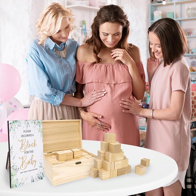 96 Pcs Decorate A Block Baby Shower, Fun Baby Shower Games Sign Kit, Baby Shower Blocks to Decorate, Baby Blocks Wooden Box with 52 Wooden Blocks 36 Paint Markers 1 Game Sign 6 Stencil Templates