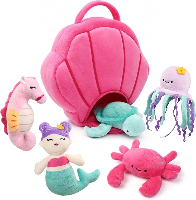 BenBen 5-Pack Ocean Stuffed Animal Set with Shell Carrying Bag | Sea Creature Stuffed Animals for Girls & Toddler, Plush Toys with Turtle, Octopus, Mermaid, Seahorse, Crab, Baby Shower