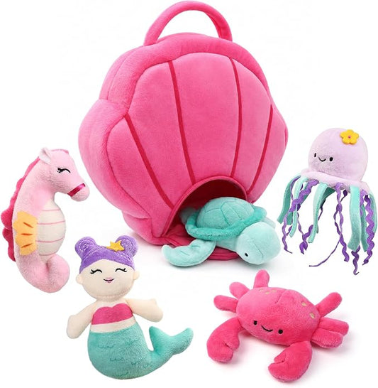 BenBen 5-Pack Ocean Stuffed Animal Set with Shell Carrying Bag | Sea Creature Stuffed Animals for Girls & Toddler, Plush Toys with Turtle, Octopus, Mermaid, Seahorse, Crab, Baby Shower