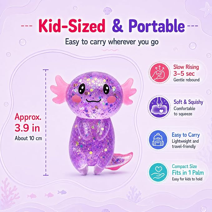 Axolotl Squishy Stress Ball, Soft TPR Slow Rising Squeeze Toy, Cute Axolotl Fidget Toy for Stress Relief, Anxiety Calming Sensory Toy for Kids Adults(Purple Long Tail Axolotl)