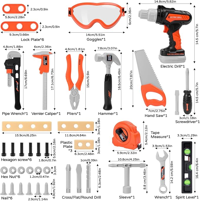 Kids Tool Set with Hard Toolbox, 43 PCS Pretend Play Construction Toys with Battery Powered Toy Drill, Toddler STEM Educational Learning Gifts for Boys & Girls Age 3-8