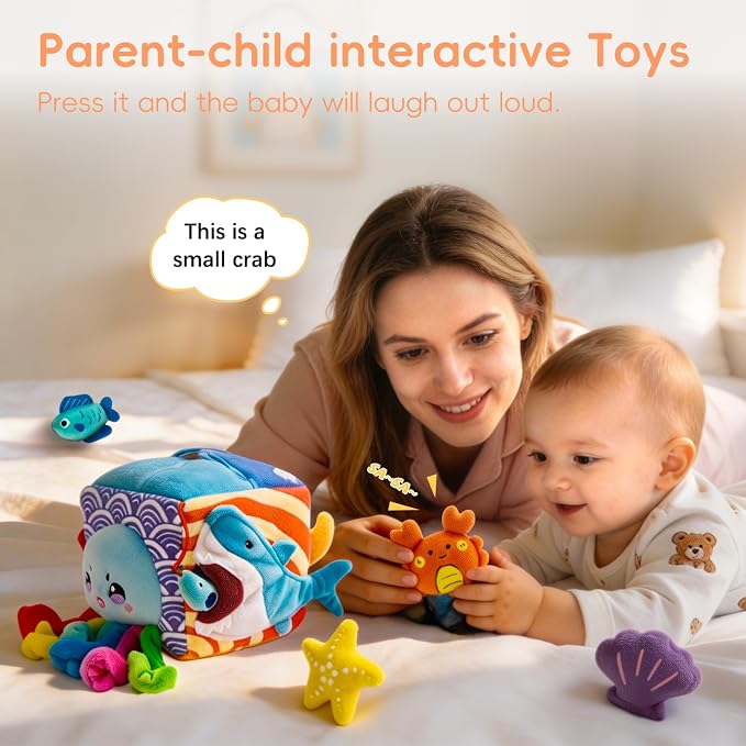 Baby Toys 6-12 Months, Montessori Sensory Toys with 5 Plush Sea Animals | Soft Mystery Box with Crinkle,Squeaky,Rattle & Mirror for Fine Motor Play & Multi-Sensory Learning,Gifts for Infants & Babies