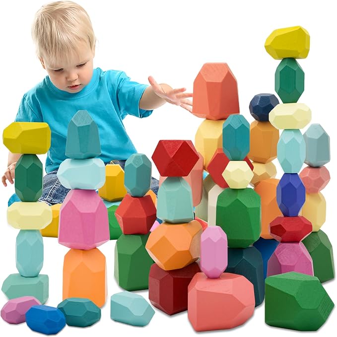 MEGRANATE 39PCS Montessori Wooden Stacking Rocks Toys Colorful Stacking Stones Building Blocks Games Sensory Toy for Kids Educational Learning Toys for 3+ Years Old Kids