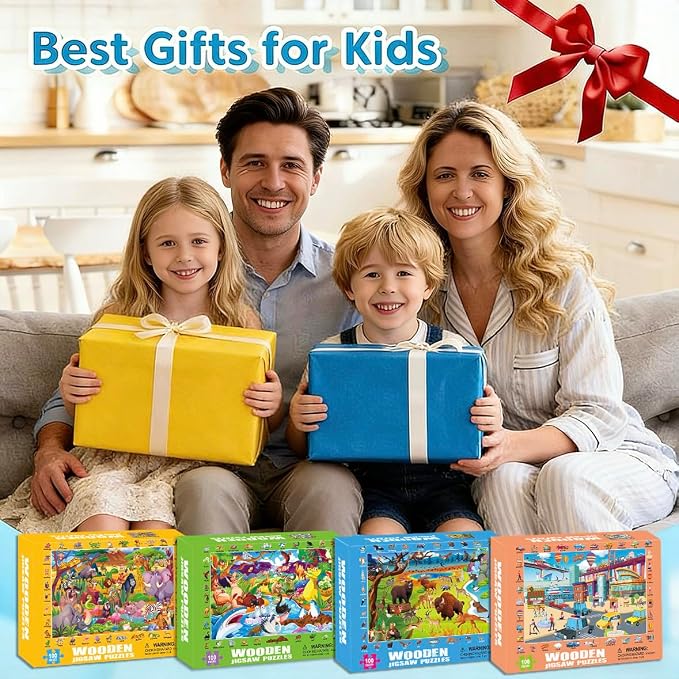 100 Piece Jigsaw Puzzle for Kids Ages 4-6, 4-Pack Animal & Vehicle Themes | Educational Learning Toys for Kids Ages 6-8 8-10, Birthday Gifts for Girls Boys