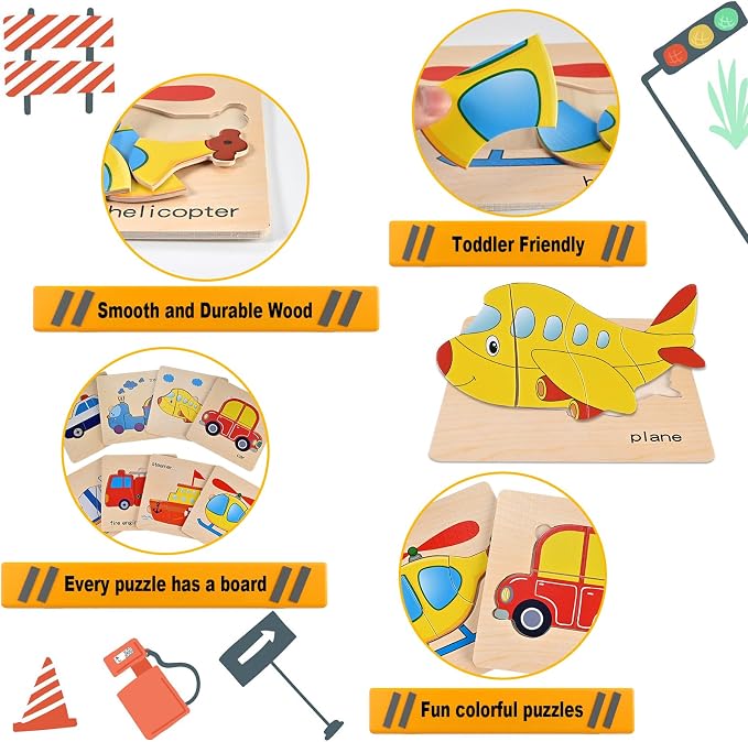 Wooden Puzzles for Toddlers 1-3, Toddler Puzzles Ages 2-4 | Montessori Toys for 1-3+ Year Old Learning Educational Preschool Toys for Boys Girls (Vehicle Theme)