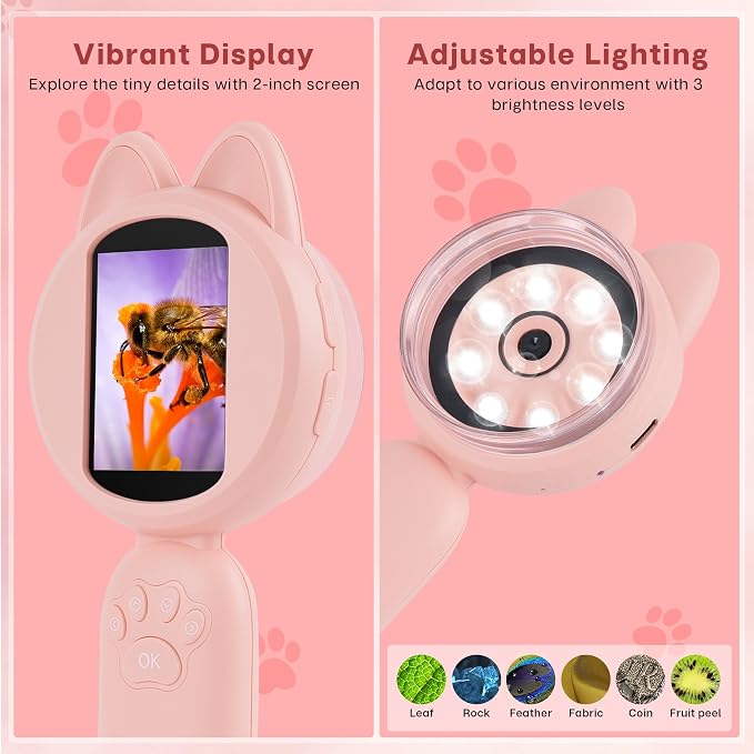 Mia Kids Microscope, Mini Digital Microscope for Kids with 2'' IPS Screen, Handheld Mini Scope Educational Science Toy Kit, Christmas/Birthday Gifts for Kids Aged 3-6,7-12 (Pink)