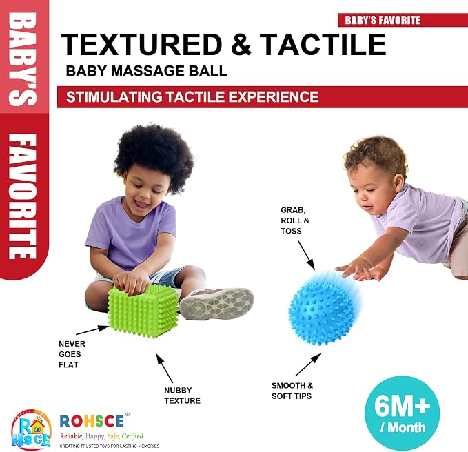 Sensory Balls Baby, 3PCS Soft Spiky Teething Ball 6 to 12 Months | BPA Free, Spiky & Bumpy Textures Multi Ball Set, Montessori Tactile Development, Tummy Time & Bath Play