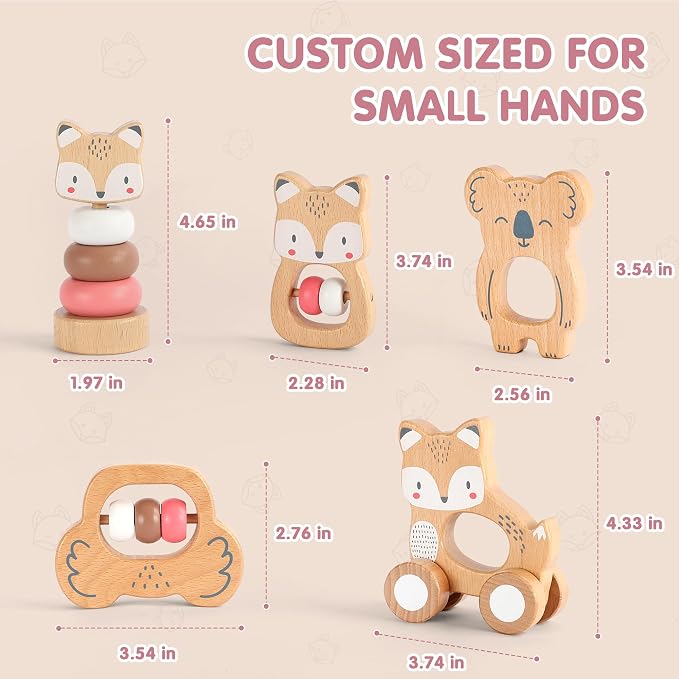 FReniland Wooden Montessori Baby Toys Set, 5-Piece Newborn Gift Set with Koala Rattle, Fox Stacking Rings & Push-Pull Toy for Boys and Girls