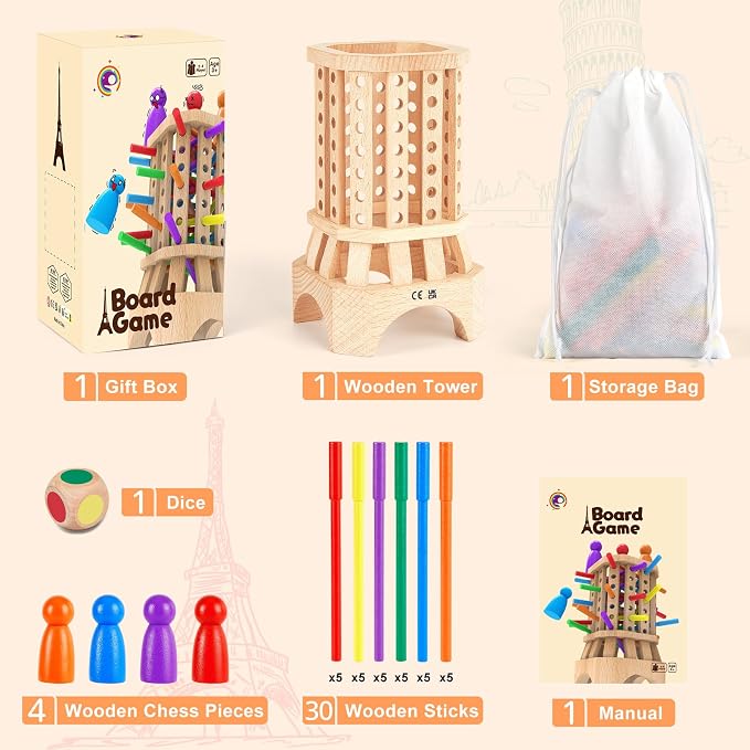 Montessori Wooden Board Game, Colorful Sticks Educational Toy for 3-6 Year Old Kids, Fine Motor Skills Toys, Family Travel Game for 3+ Year Olds, Birthday Gift for Boys and Girls
