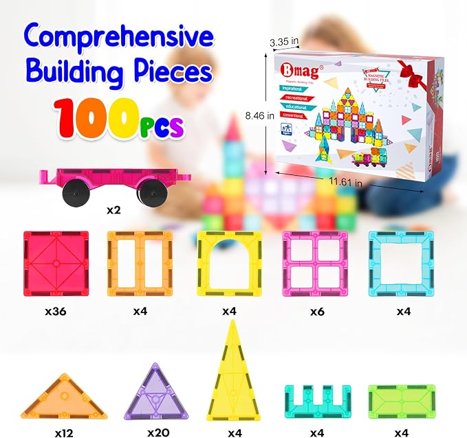 Bmag Magnetic Tiles Building Blocks Set with 2 Cars 100Pcs, Designed for Open-Ended Building and Versatile Play, Gifts for STEM Support and Parent-Child Interaction for Kids Aged 3+