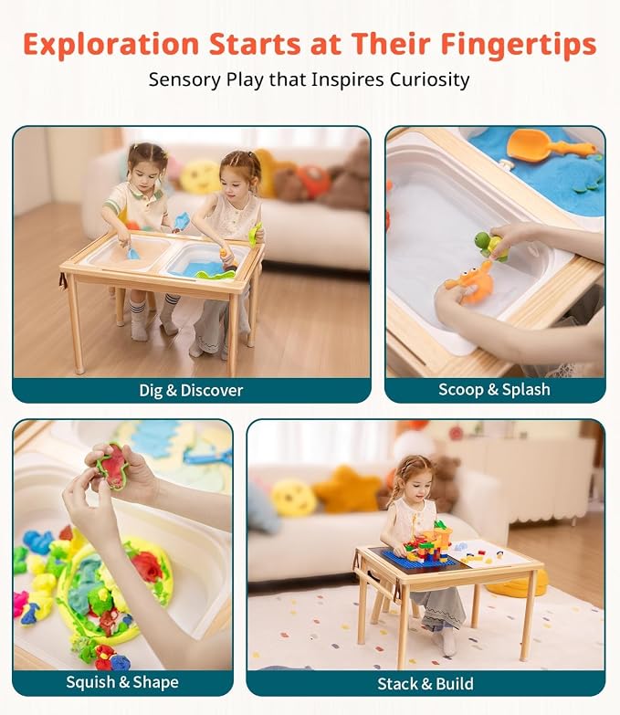 Sensory Table for Toddler, with 2 Foldable Storage Bins, Double-Sided Lids | Premium Pine Wood, Indoor/Outdoor Kids Play Sand and Water Table, Birthday Gifts for Boys and Girls