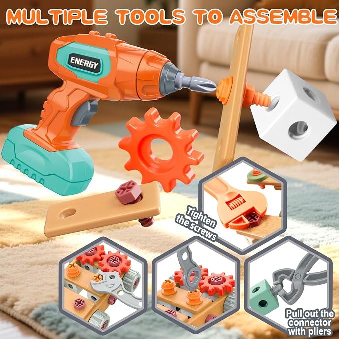 VEAIS Kids Tool Set with Drill,148Pcs Tool Set with Toolbox,STEM Montessori Toys for 3 4 5 Year Old,Pretend Play Kid Toy,Educational Construction Toy for 3-5 Year Old Boy Girl,Birthday Gift for Kids