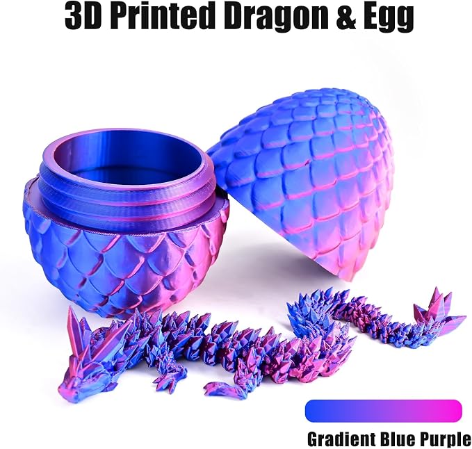 12" 3D Printed Dragon Eggs with Dragon, Articulated 3D Fidget Toys for Kids | Crystal 3D Dragon Toys for Boys Girls, Small 3d Printed Animals, Dino Dinosaur Eggs Toys, Easter Basket Stuffers（Red Blue）