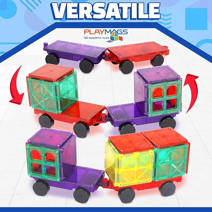 Playmags Magnetic Car Set (4 Pieces) - Strong Magnet Car Bases for Magnetic Tiles, STEM Building Toy Accessories for Kids, Compatible with Magnetic Blocks, Durable Wheels