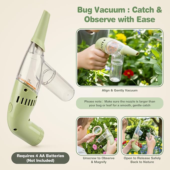 Wooden Kids Bug Catching Kit, Dreamon 11 Pcs Outdoor Toys for Kids Ages 4-8 | STEM Educational Toy Gifts Kids Explorer Kit with Wooden Bug Habitat, Bug Vacuum, Butterfly Net, Compass and Magnifying Glass