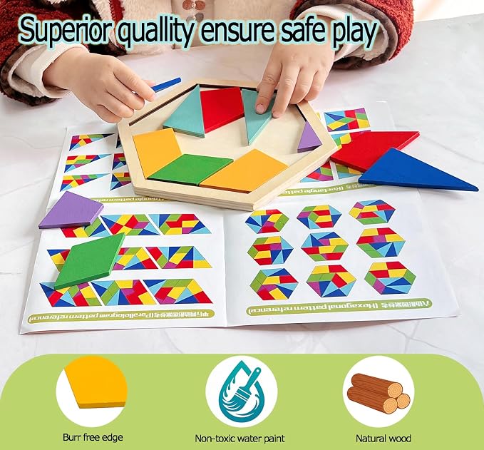 KINGOU Wooden Hexagon Puzzle Tangram for Kids and Adults, 12 Large Pieces Montessori Geometric Shape Brain Teasers, STEM Logic Game Learning Toy, Creative Desktop Coffee Table Travel Puzzle Gift