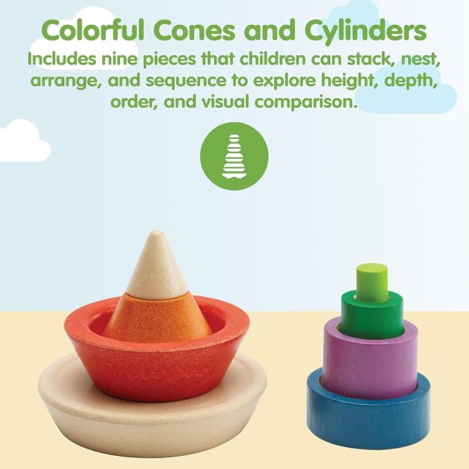 PlanToys® Cone Sorting Wooden Toy Set for Kids Ages 3+ Montessori Activity | cone sorting set, montessori colour size recognition, fine motor skill logic focus, ages 3+ educational wooden toy, preschool