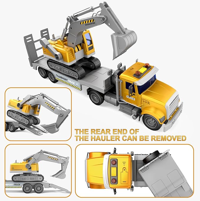 DOWELLIN Excavator Transports Trucks Kids Toys, 22" Large Semi Trucks Toy Carrier and Excavator Truck with Sound&Light,Friction Cars Toys Gifts for 3 4 5 6 7 8 Year Olds Kids Child-Yellow