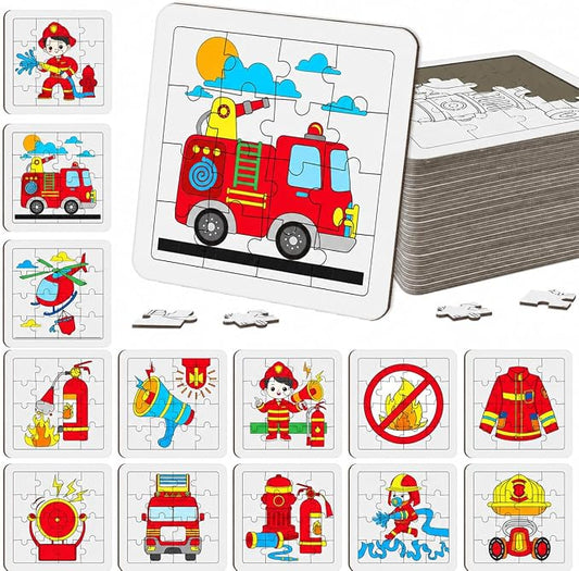 Cinrobiye 24 Pcs Firefighter Coloring Jigsaw Craft Kit for Kids, DIY Rescue Vehicle Activity Set Bulk with 12 Designs, Fire Truck Birthday Party Favors, Classroom Safety Projects