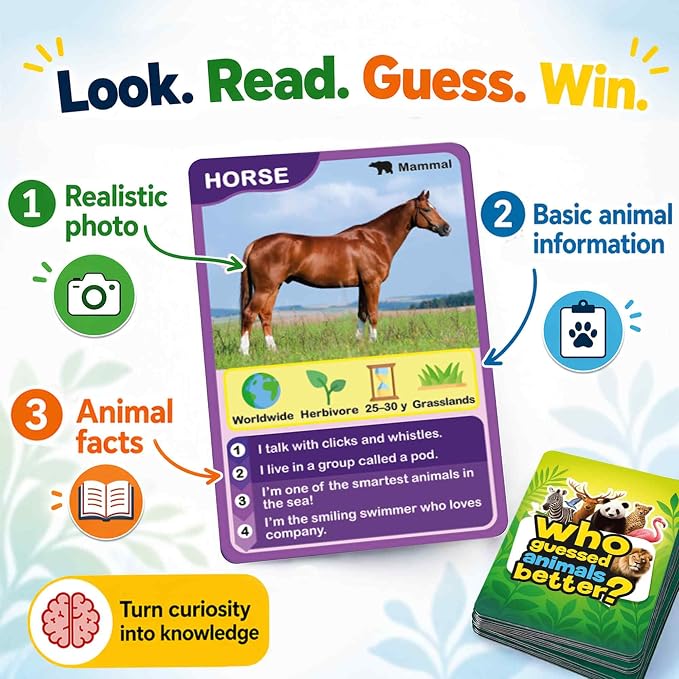 Quokka Who Guess It Better Animals Volume 2 – Educational Game with Visual Clues, Animal Discovery Card Set, 50 Cards, Screen-Free Travel Game for Kids Ages 6+