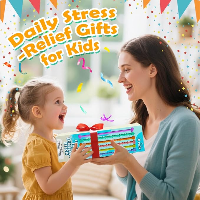 6 Pack Sensory Sticks Fidget Toys for Kids Adults, Anxiety Relief | Silicone Textured, Calming Sensory Toys, Kids With Autism, Classroom & Travel, Stocking Stuffers for Teen Girls Boys Kids