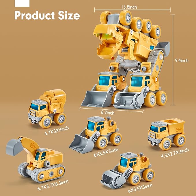 hahaland Toys for 5+ Year Old Boys - Take Apart Dinosaur Kids Toys Construction Vehicles 5 in 1 Transform into Dinosaur Robot STEM Building Toy for 5 6 7 8 Year Old Boys | 5 in 1 Transformer Toys Take Apart Dinosaur Kids Toys for 5+ Year Old Boys