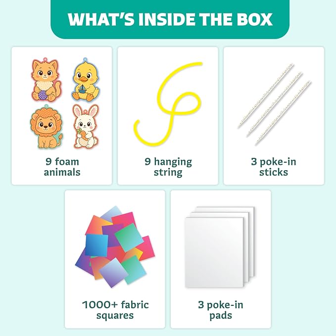 Poke-In Craft Animals, Poke Art for Kids Ages 4-8, Fun Punch Tufting Kit | 9 foam animals, 1000+ 3d fabric squares, non-messy beginner kit, preschool learning activity, poking easter craft