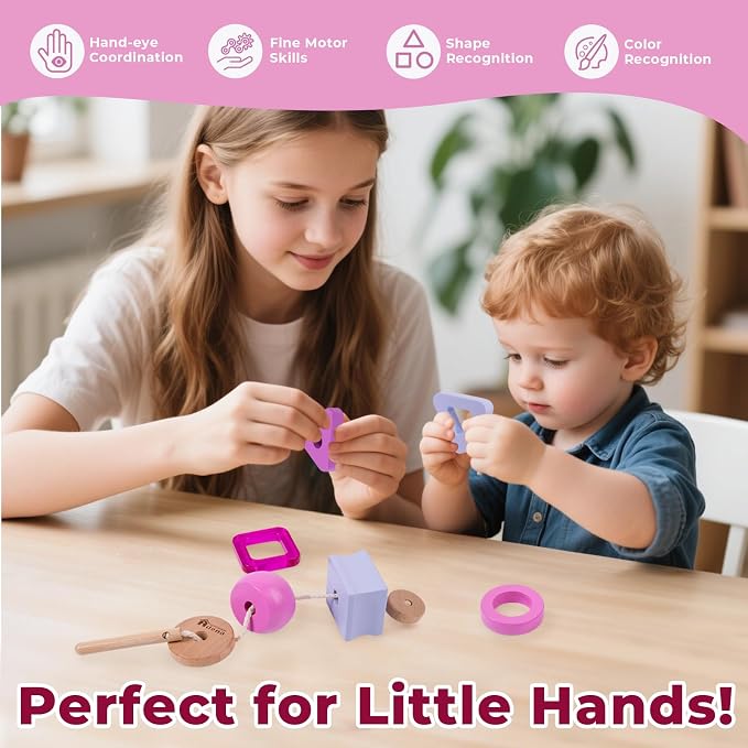 Adena Montessori Wooden Stringing Beads Set, Purple, 1-3y | Safe wood, 25+ beads with string. Lacing builds fine motor, hand-eye & patience. Montessori learning. Gift 1-3y.
