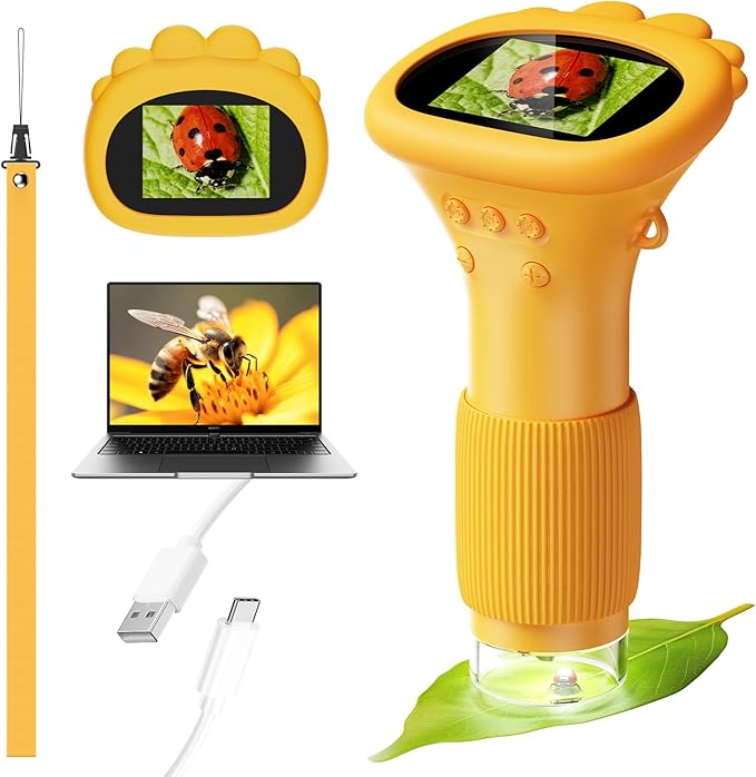 4K 1000X Digital Microscope for Kids with 2.0" IPS Screen(Yellow) | Portable Handheld Toys, 200-1000X Magnification for Kids Age 3-12, STEM Educational Toy Birthday Gifts for Girls Boys