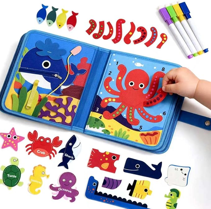 Ocean Busy Book, Quiet Travel Toy for Airplane, Felt Board for Toddler | This screen-free sensory play kit includes dry-erase markers, a buckle closure & interactive pages for preschool kids