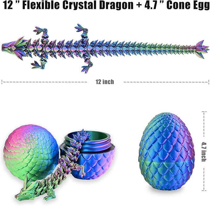 12" 3D Printed Dragon Eggs with Dragon, Articulated 3D Fidget Toys for Kids | Crystal 3D Dragon Toys for Boys Girls, 3d Printed Animals, Dino Dinosaur Eggs Toys, Easter Basket Stuffers（Red Green Blue）