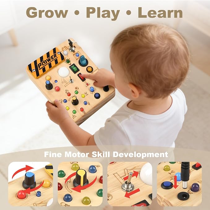 LED Busy Board for Toddlers - Montessori Sensory Toys for 1 2 3 Years Old | 10 Switches & 19 LED Lights, Wooden Activity Board for Fine Motor Skills, Screen-Free Travel Toy, Birthday Gift for Kids