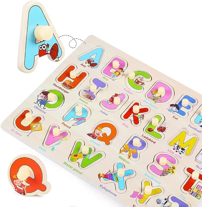 GRINNNIE Wooden Montessori Toddler Puzzles for 3 4 5 Years Old, 3 Pcs (Number, Letter, Shape) Kids Preschool Educational Peg Puzzle Set