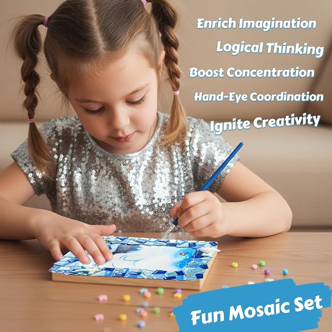 A&H Zier Mosaic Kit 3-Pack 5x7/4x6 DIY Photo Frames Craft for Kids 6+ | Mosaic kit for kids 8-12 3 wooden frames (fit 4x6/5x7) 200+ glass tiles non-toxic glue tools&instructions Fun family activity