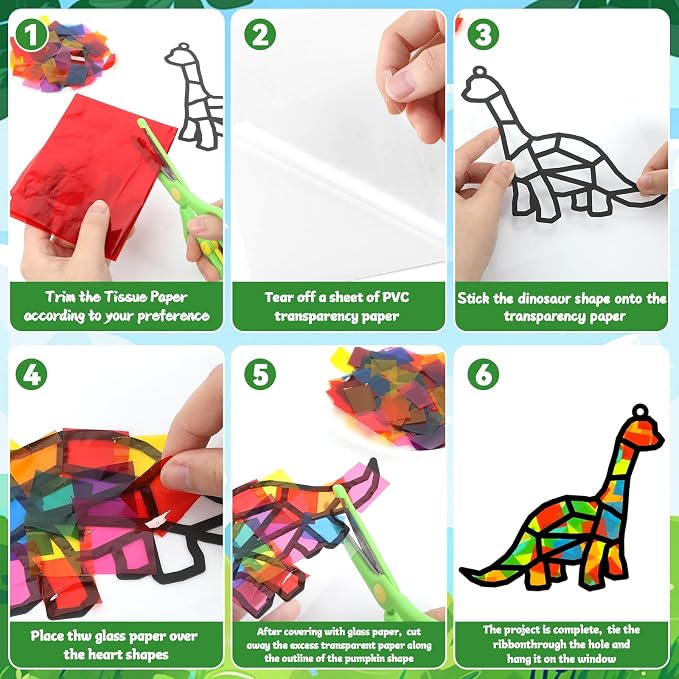 Lonfliness 32Sets Dinosaur Suncatchers Crafts Kit DIY Dino Window Stained Glass Effect Paper Dinosaur Animal Home School Classroom Decoration Art Craft Creative Activity Project Kid Gift Favor